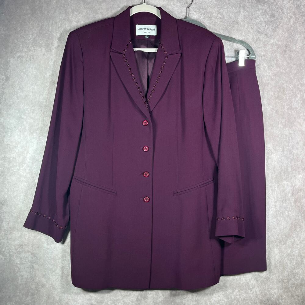 Albert Nipon Skirt Suit Womens 14 Purple Wool Blend Business Church Dressy